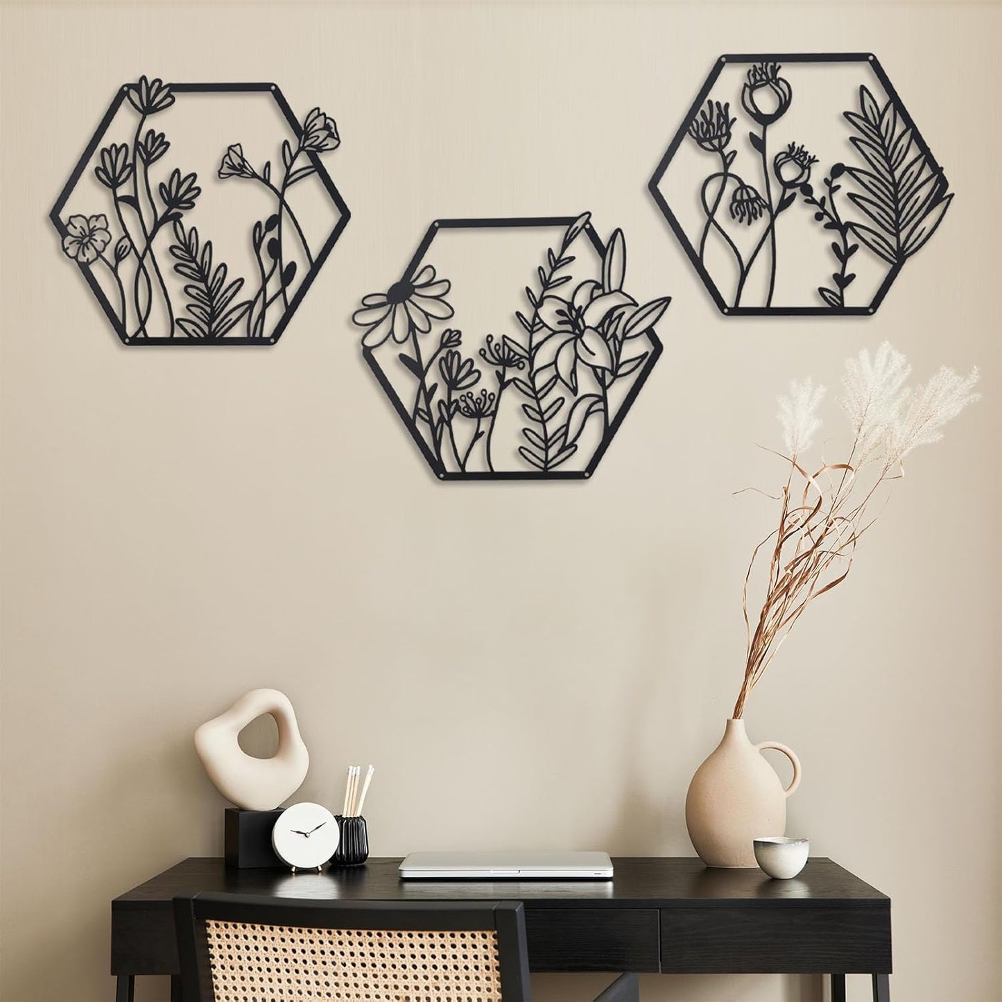 Hexagon Floral Metal Wall Art Set of 3 – Black Geometric Botanical Wall Décor for Modern Home, Bedroom, Living Room