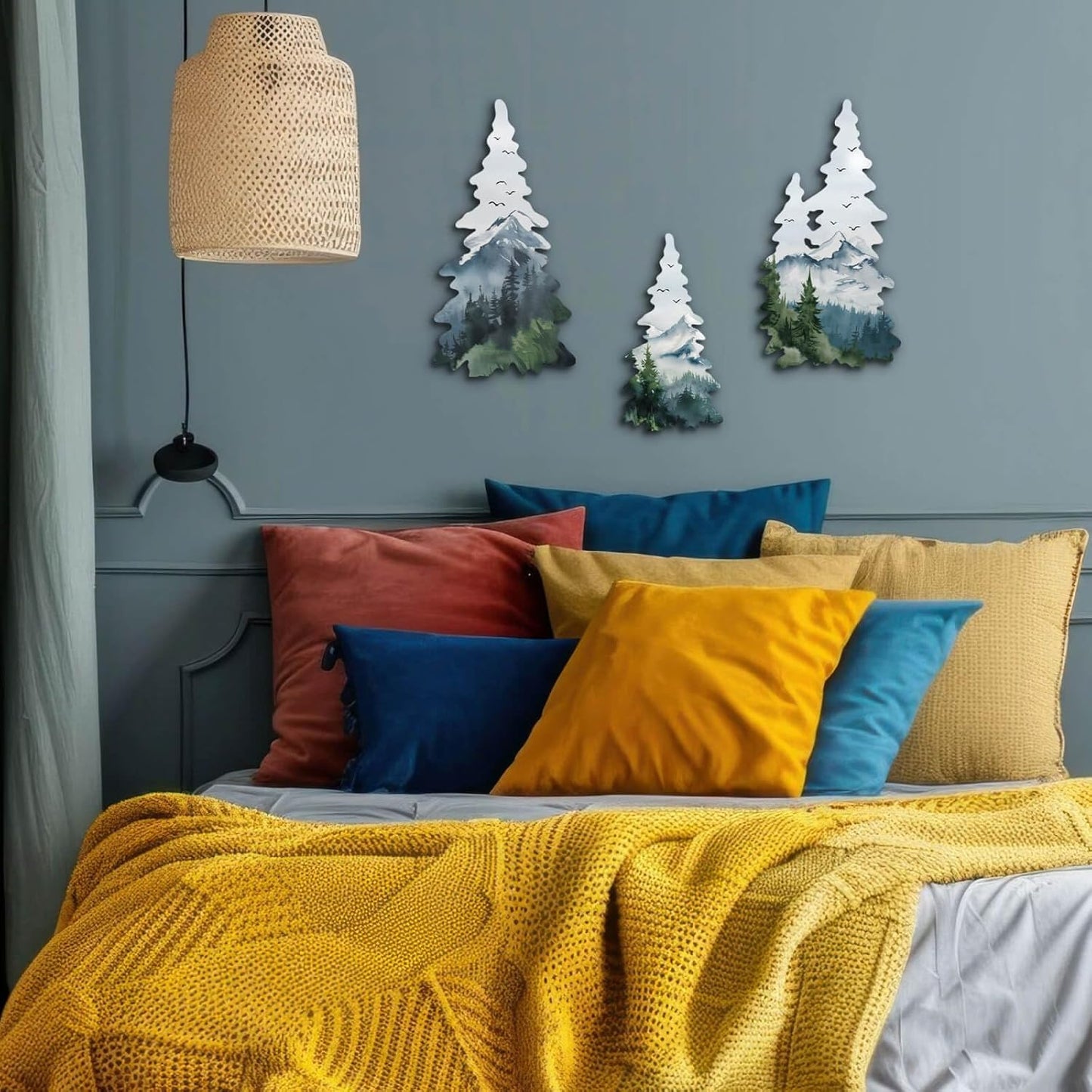 Christmas Metal Tree Wall Decor 3-Piece Set – Winter Forest Themed Hanging Iron Wall Art for Holiday Living Room, Entryway, Fireplace or Seasonal Decoration
