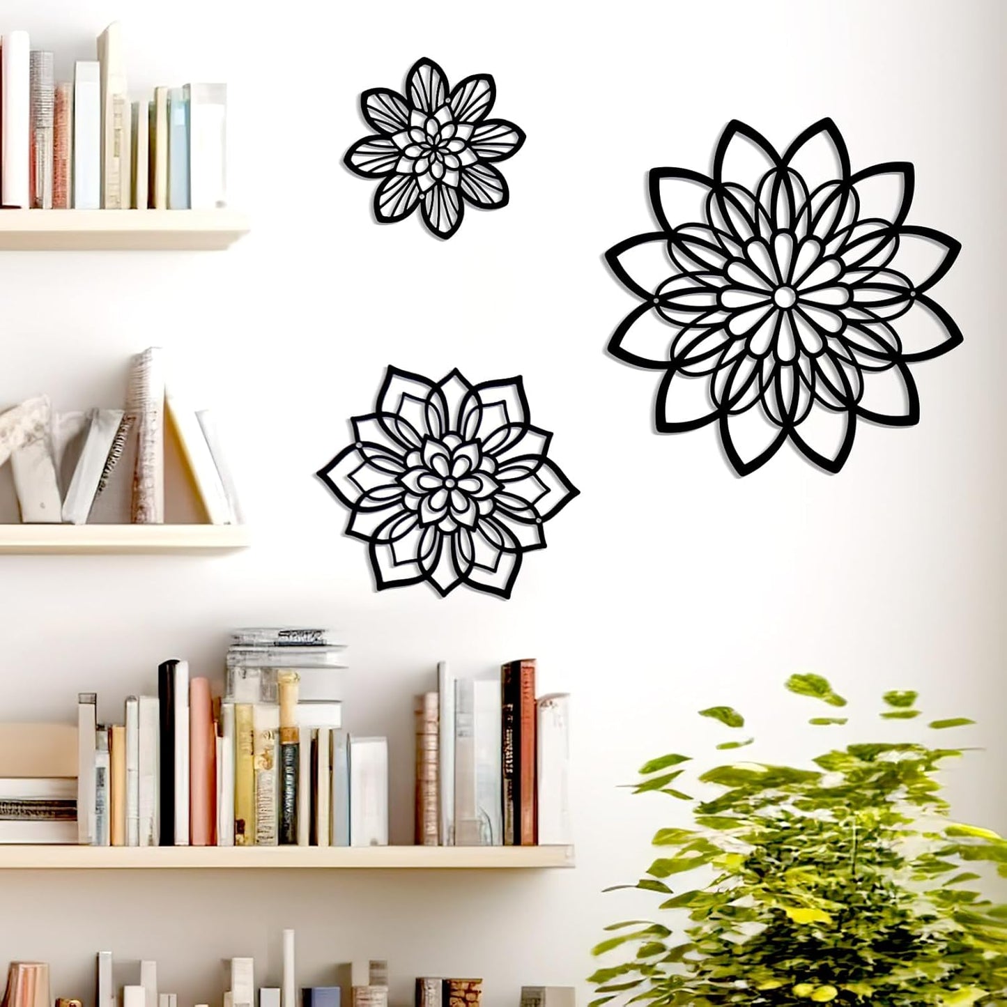 Mandala Flower Wall Decor – 3-Piece Geometric Black Wall Art Set for Modern Home Decoration