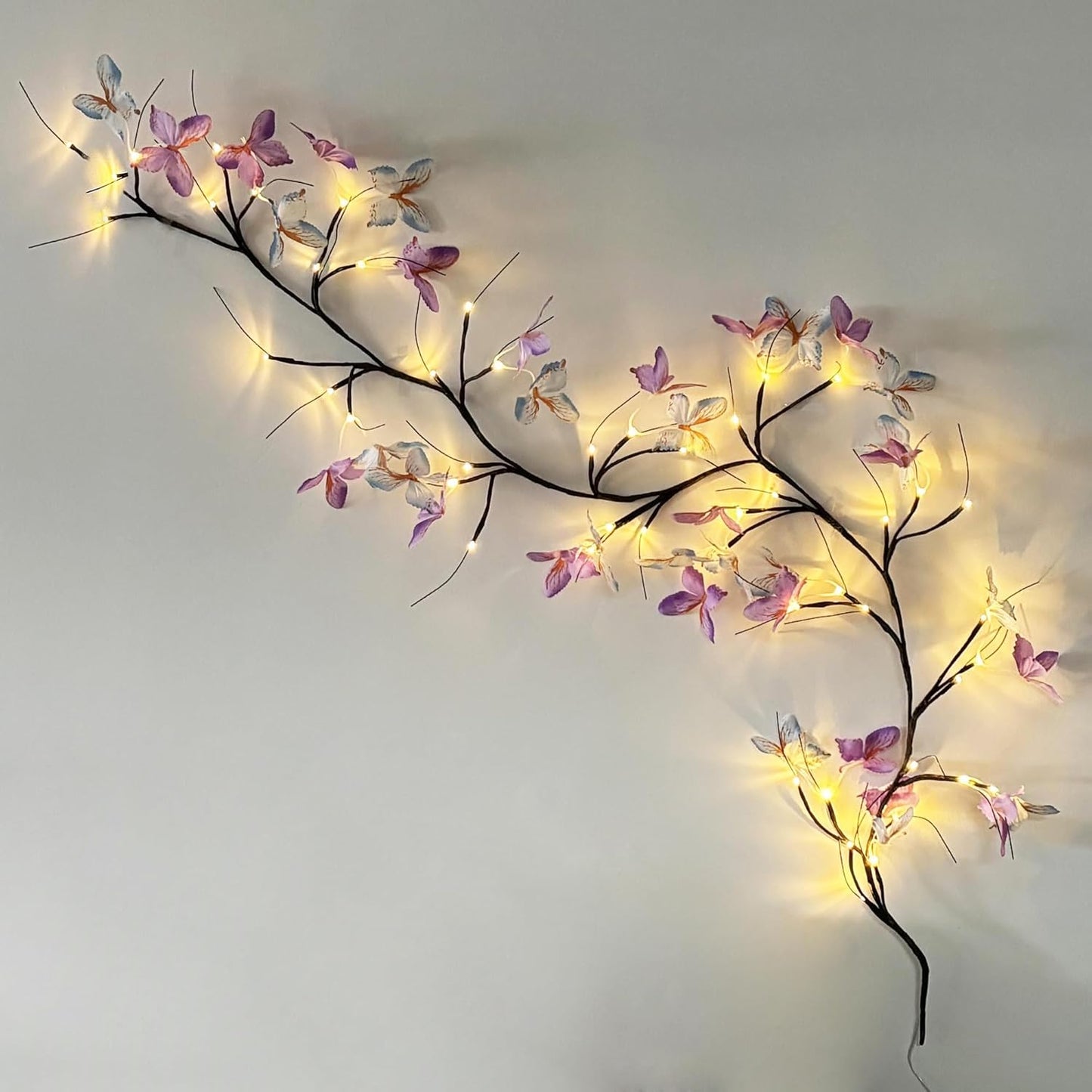 71" USB LED Sakura Vine Wall Hanging Light with Purple Butterfly Decorations