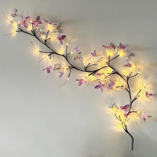 71" USB LED Sakura Vine Wall Hanging Light with Purple Butterfly Decorations