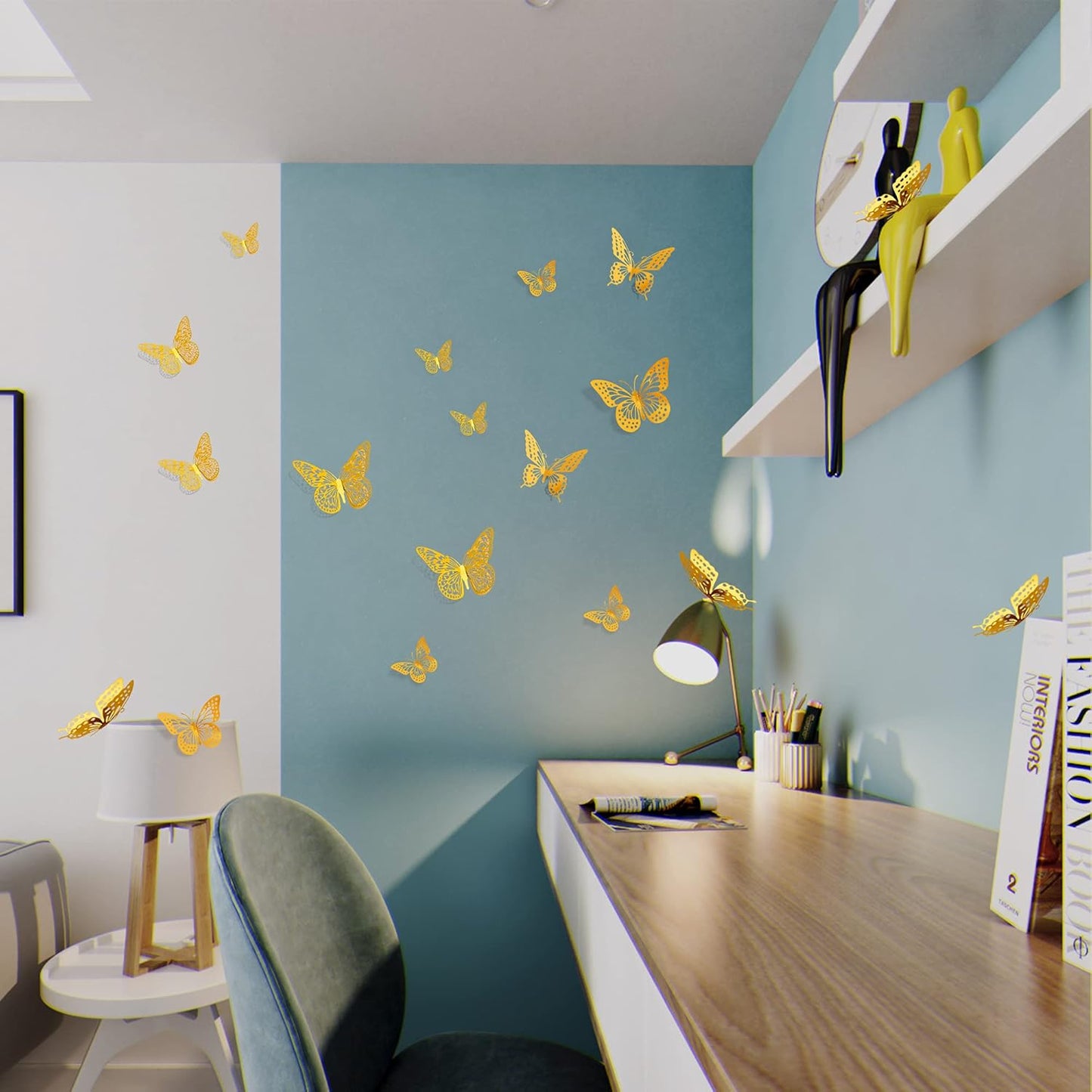 48PCS 3D Gold Butterfly Wall Decals – Removable Metallic Wall Stickers for Home, Wedding & Party Decoration