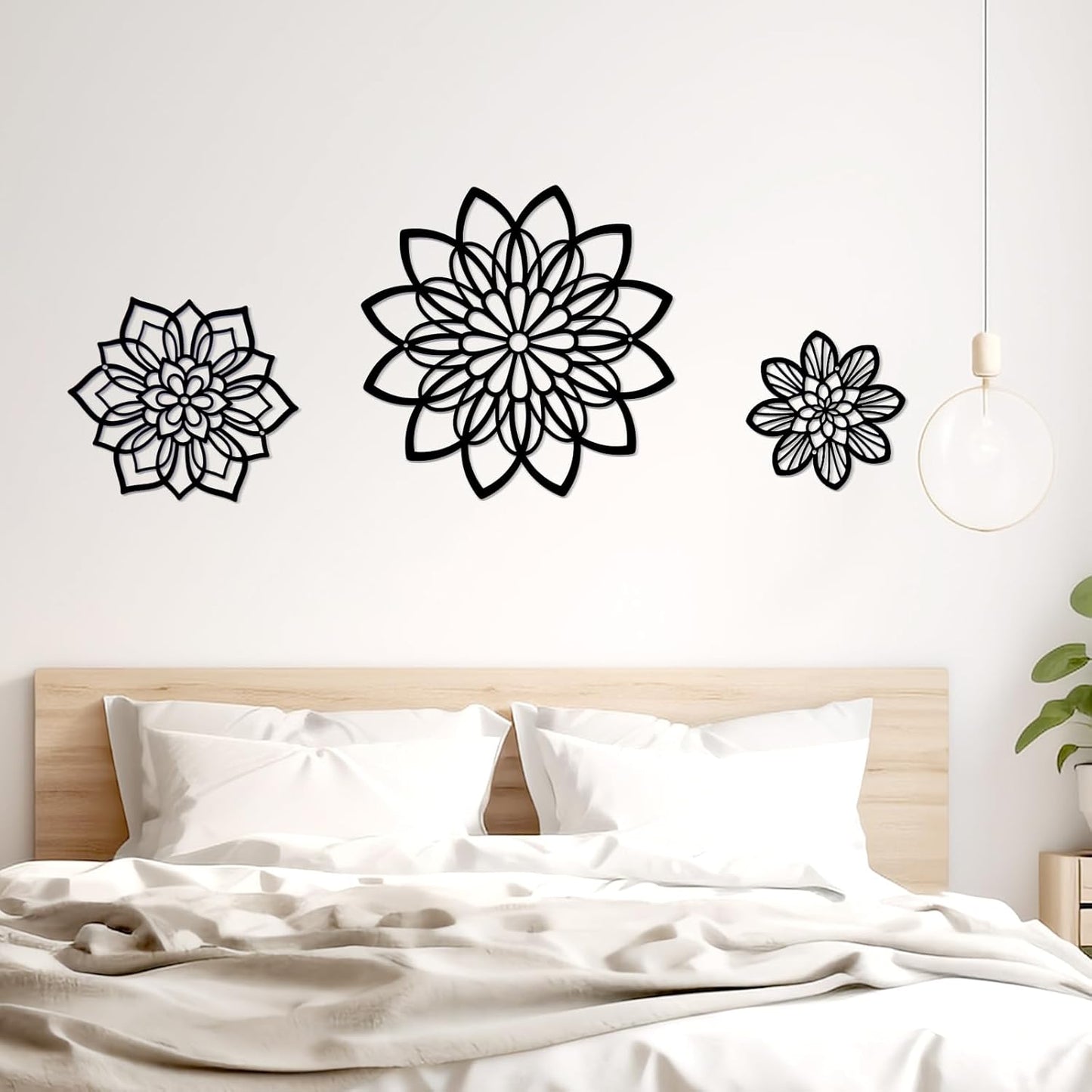 Mandala Flower Wall Decor – 3-Piece Geometric Black Wall Art Set for Modern Home Decoration