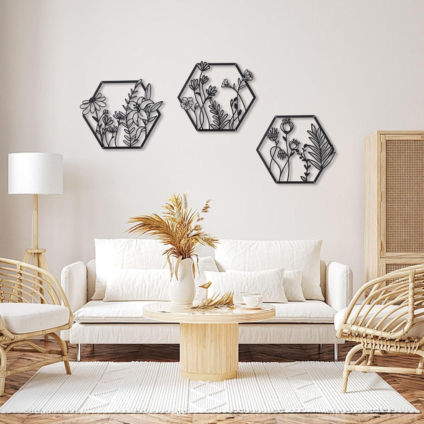 Hexagon Floral Metal Wall Art Set of 3 – Black Geometric Botanical Wall Décor for Modern Home, Bedroom, Living Room