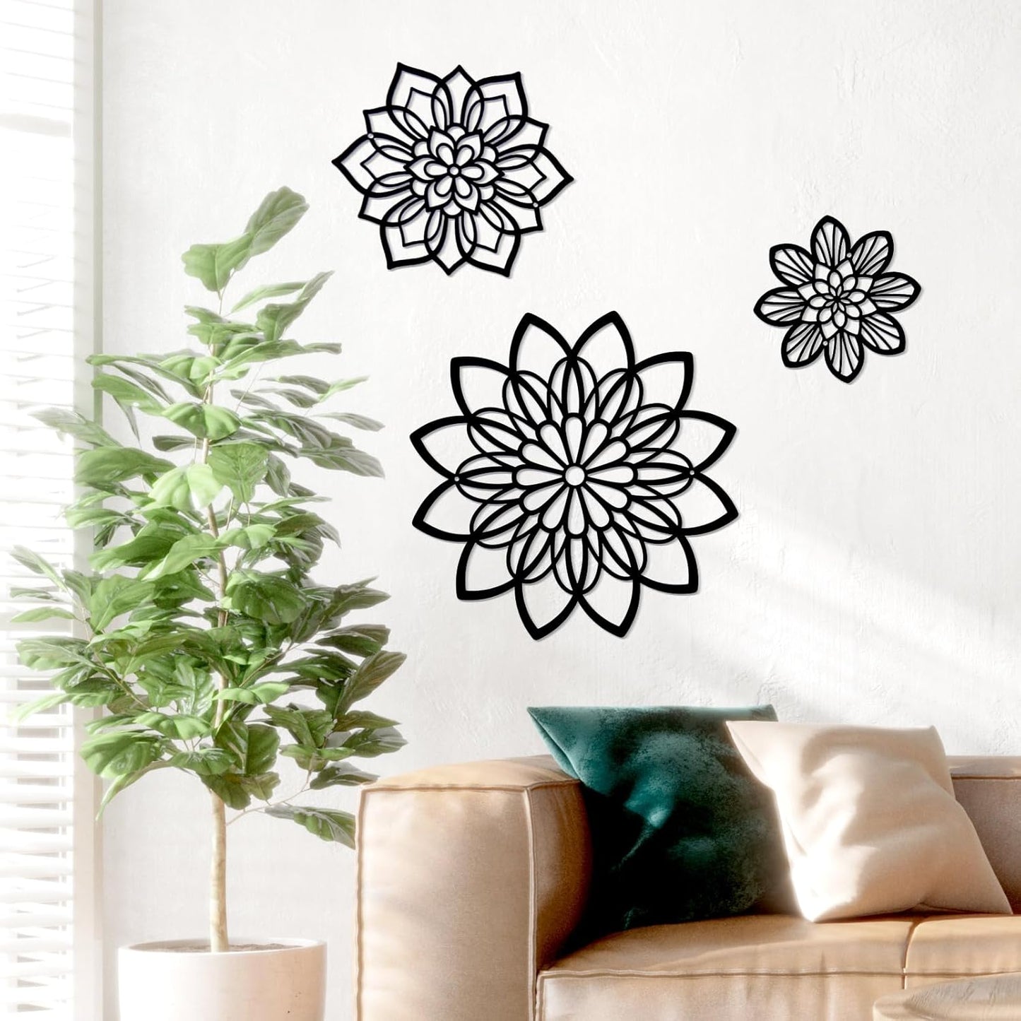Mandala Flower Wall Decor – 3-Piece Geometric Black Wall Art Set for Modern Home Decoration