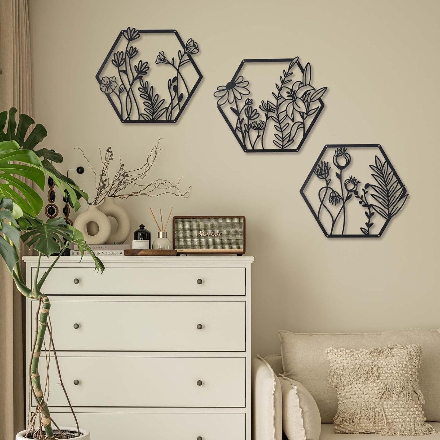 Hexagon Floral Metal Wall Art Set of 3 – Black Geometric Botanical Wall Décor for Modern Home, Bedroom, Living Room