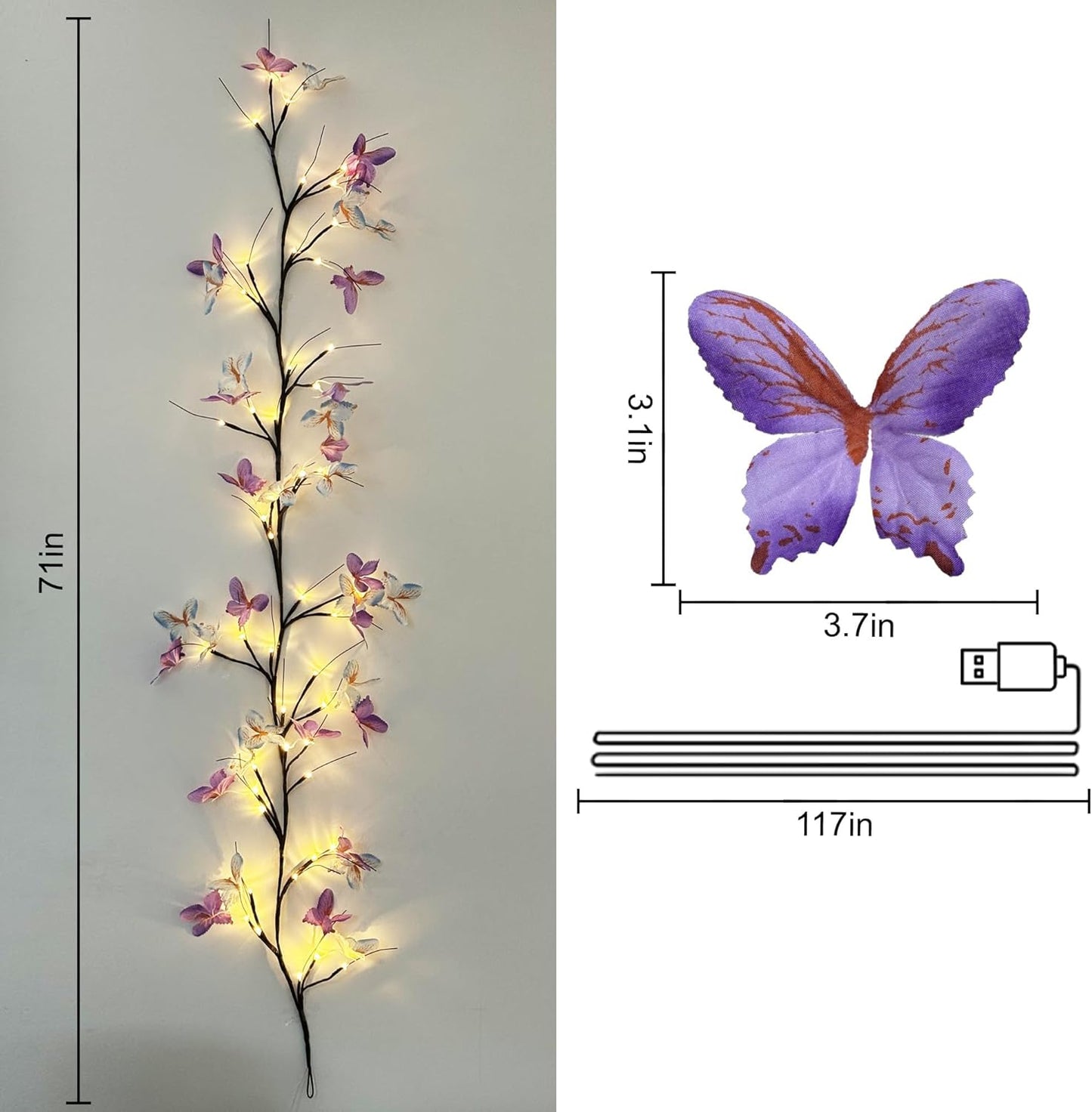 71" USB LED Sakura Vine Wall Hanging Light with Purple Butterfly Decorations