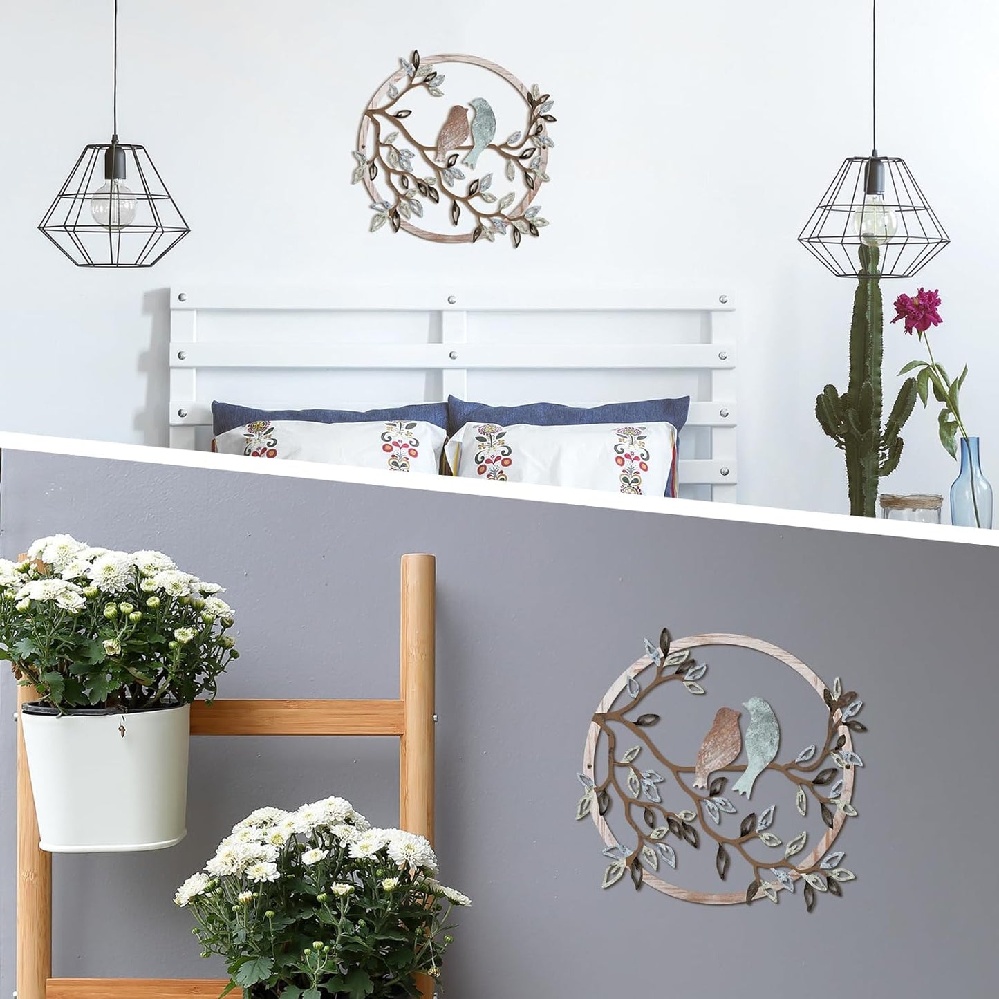 Rustic Round Metal Wall Art with Birds on Branch – 11.8in Iron Hanging Wall Decor for Home