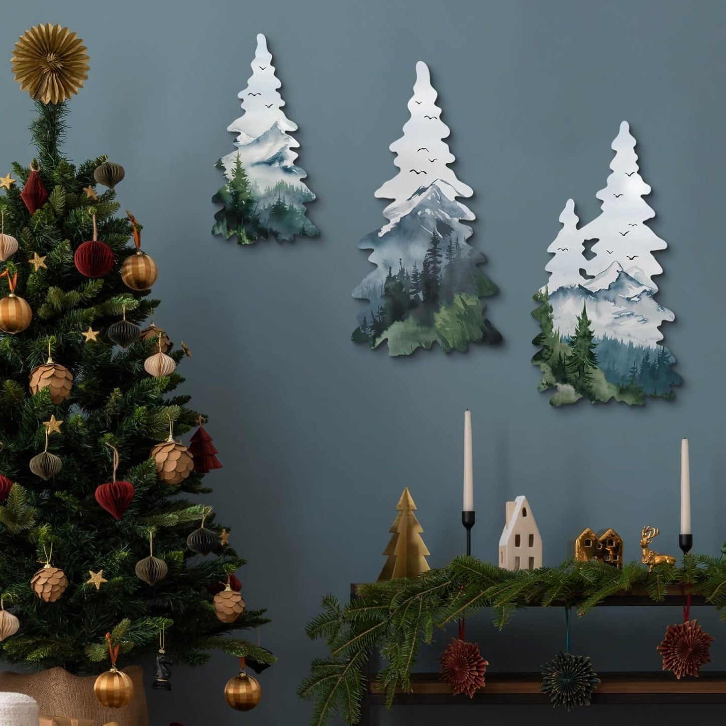 Christmas Metal Tree Wall Decor 3-Piece Set – Winter Forest Themed Hanging Iron Wall Art for Holiday Living Room, Entryway, Fireplace or Seasonal Decoration