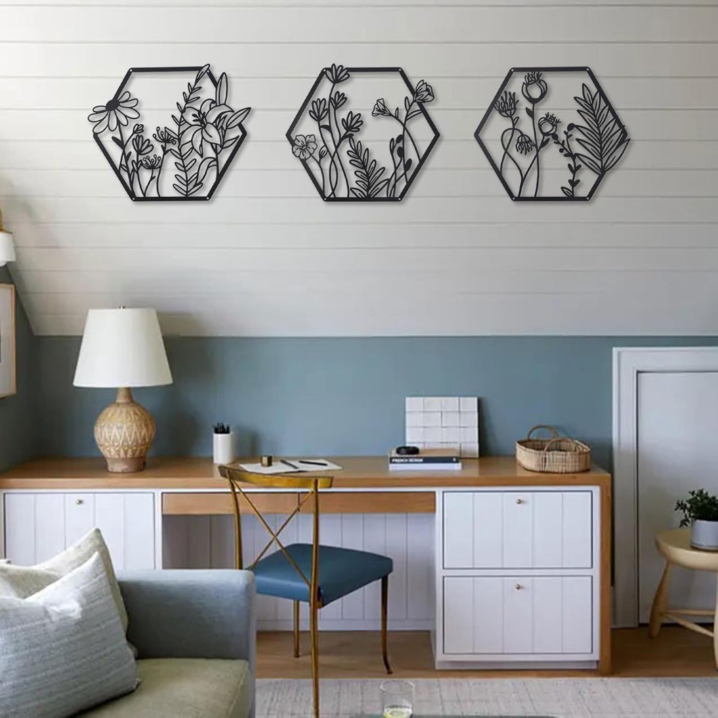 Hexagon Floral Metal Wall Art Set of 3 – Black Geometric Botanical Wall Décor for Modern Home, Bedroom, Living Room