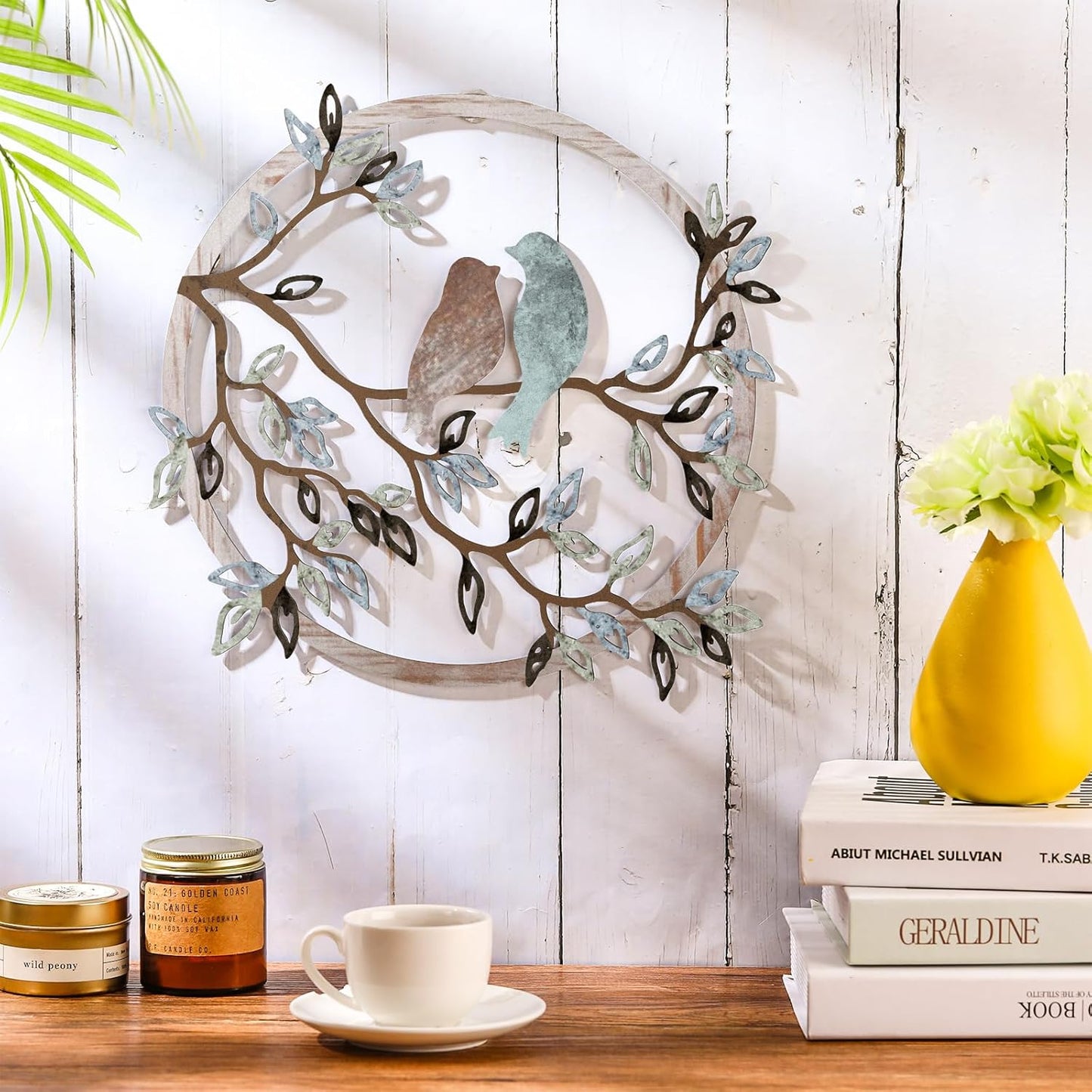 Rustic Round Metal Wall Art with Birds on Branch – 11.8in Iron Hanging Wall Decor for Home