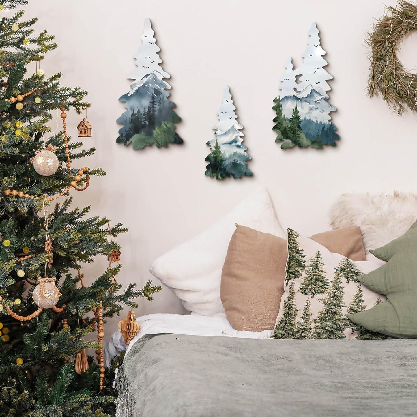 Christmas Metal Tree Wall Decor 3-Piece Set – Winter Forest Themed Hanging Iron Wall Art for Holiday Living Room, Entryway, Fireplace or Seasonal Decoration