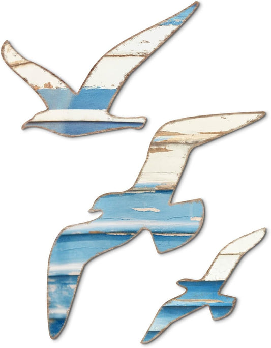 Mediterranean Style Wooden Seagull Wall Decor – 3-Piece Blue and White Rustic Wall Art Set with Adhesive Stickers for Coastal Living Room, Bedroom, Balcony