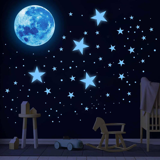 Glow in the Dark Stars & Moon Wall Decals Set – Realistic Luminous Night Sky Stickers for Kids Bedroom, Nursery, Ceiling Décor – Eco-Friendly PVC Material