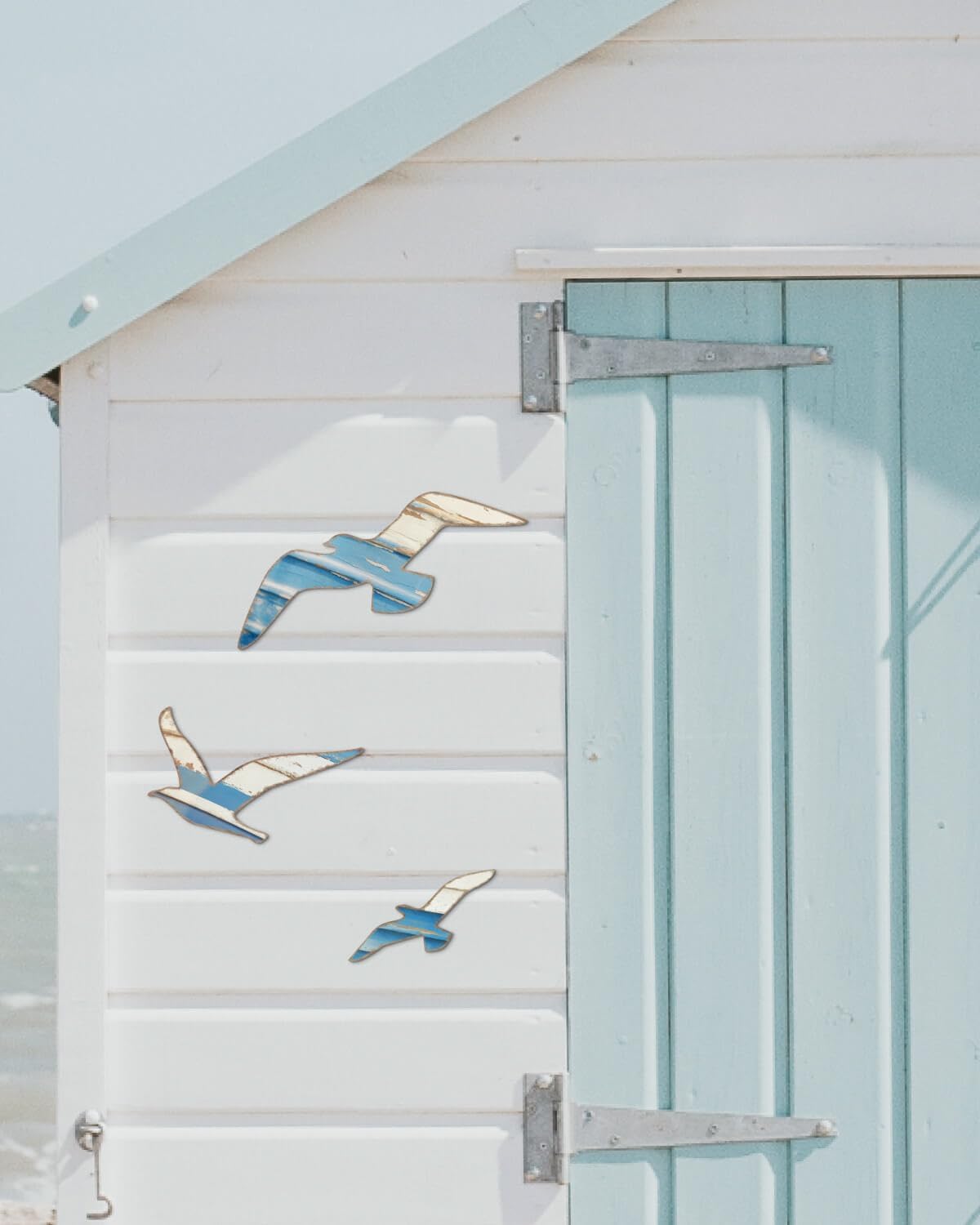 Mediterranean Style Wooden Seagull Wall Decor – 3-Piece Blue and White Rustic Wall Art Set with Adhesive Stickers for Coastal Living Room, Bedroom, Balcony