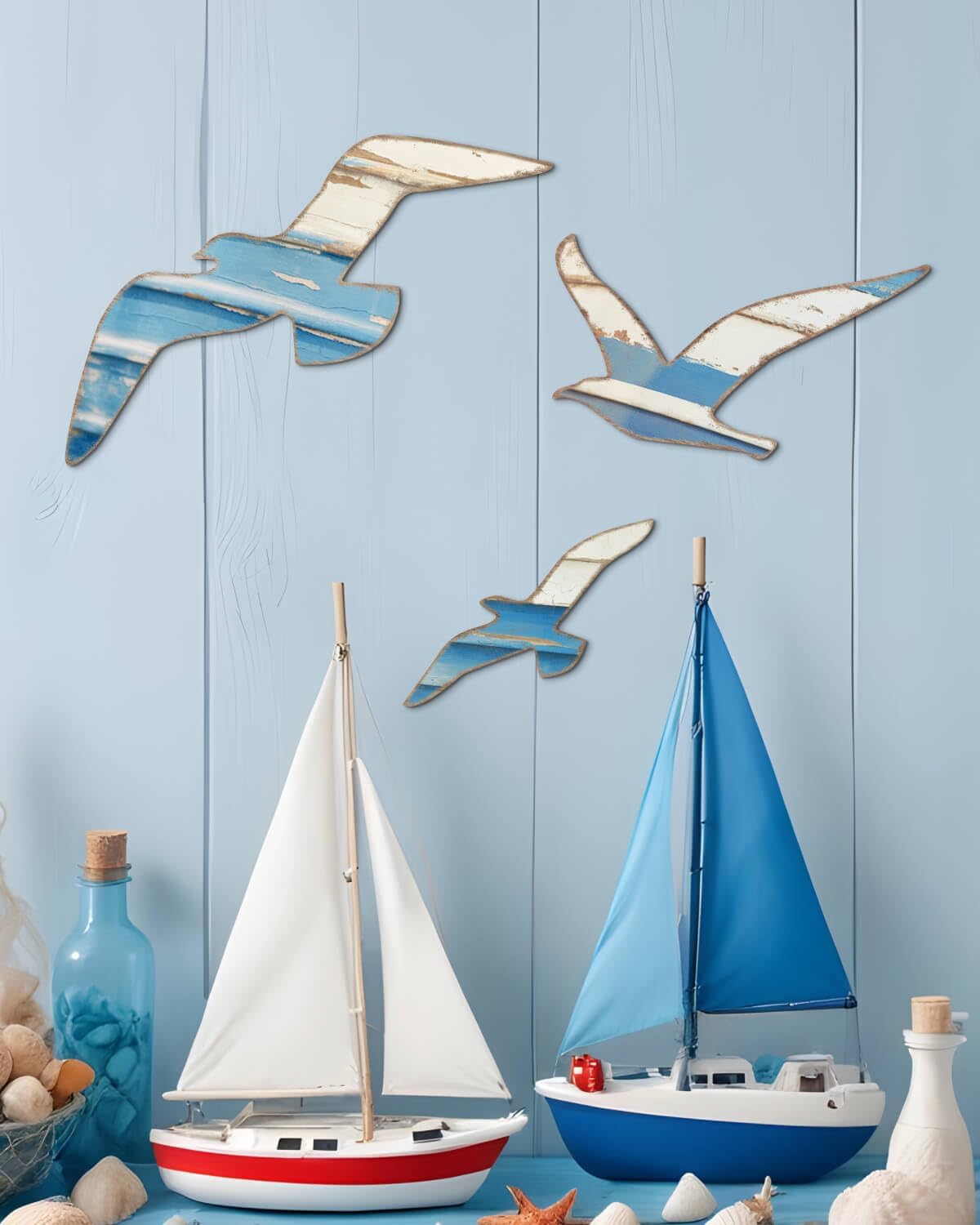 Mediterranean Style Wooden Seagull Wall Decor – 3-Piece Blue and White Rustic Wall Art Set with Adhesive Stickers for Coastal Living Room, Bedroom, Balcony