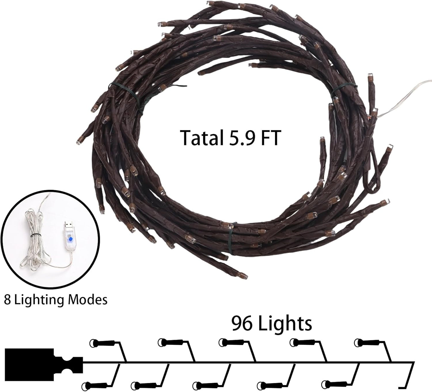 5.9FT 96-LED Twig Vine Light String with USB Power – 8 Modes Wall Decoration Lamp