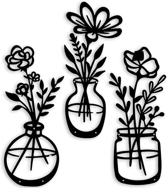 Set of 4 Black Metal Vase Silhouette Wall Art – Modern Minimalist Floral Wall Decor for Living Room, Bedroom, Entryway