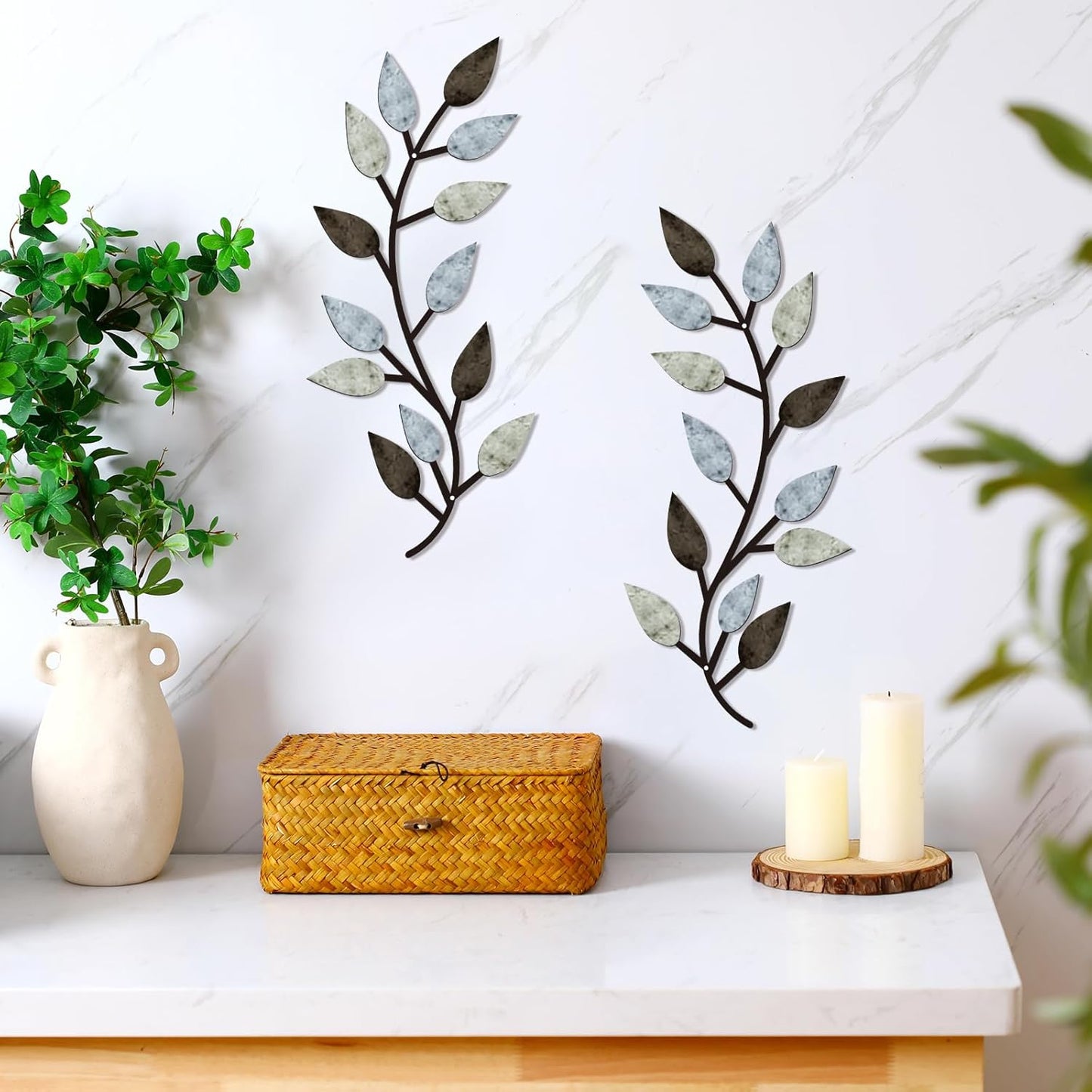 Metal Leaf Branch Wall Decor (Set of 2) – Rustic Farmhouse Style Iron Wall Art for Home Decoration