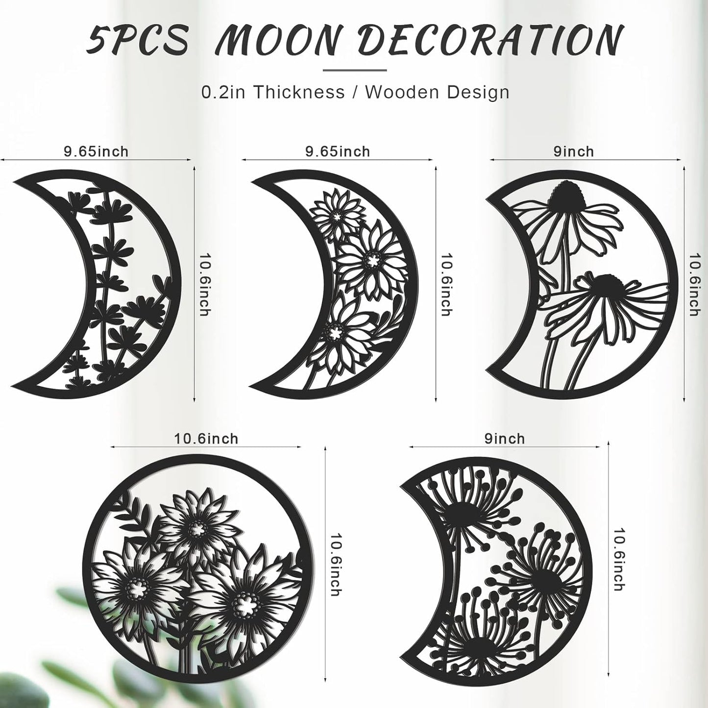 5PCS Moon Phase Wooden Wall Decor with Floral Hollow Design – Boho Black Moon Wall Art (0.2in Thickness)