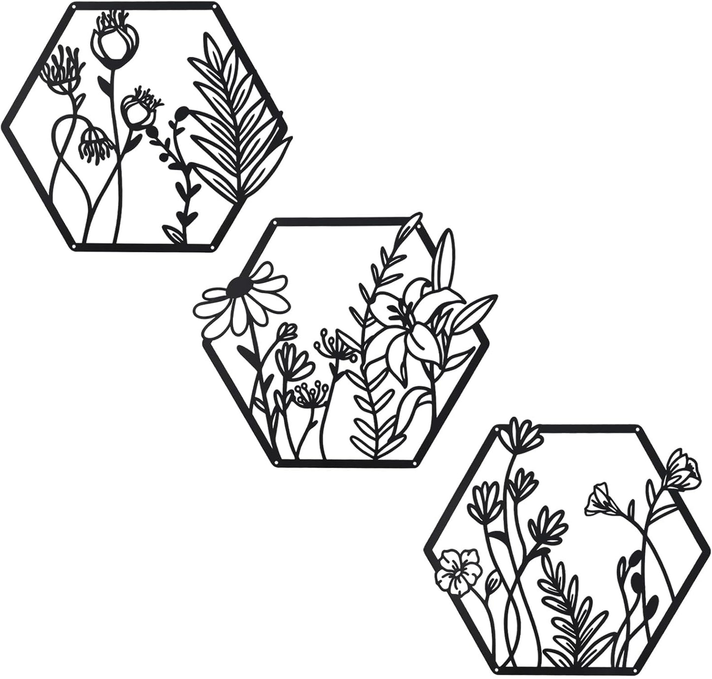 Hexagon Floral Metal Wall Art Set of 3 – Black Geometric Botanical Wall Décor for Modern Home, Bedroom, Living Room