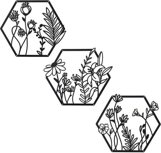 Hexagon Floral Metal Wall Art Set of 3 – Black Geometric Botanical Wall Décor for Modern Home, Bedroom, Living Room