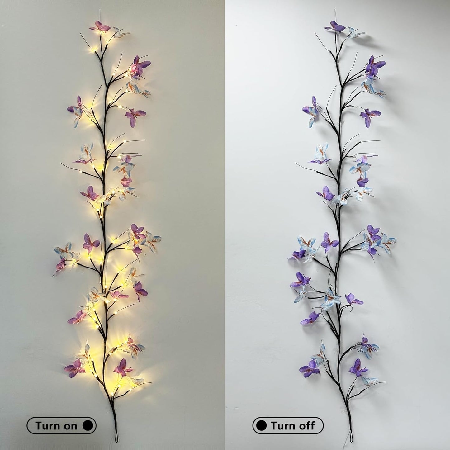 71" USB LED Sakura Vine Wall Hanging Light with Purple Butterfly Decorations
