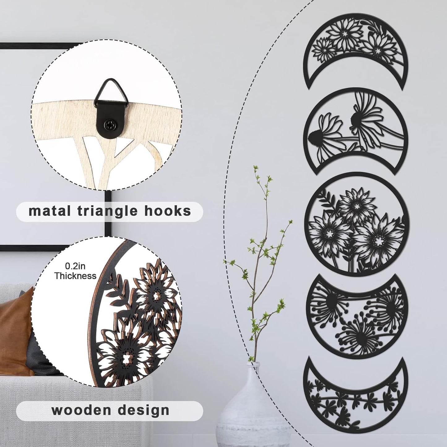 5PCS Moon Phase Wooden Wall Decor with Floral Hollow Design – Boho Black Moon Wall Art (0.2in Thickness)