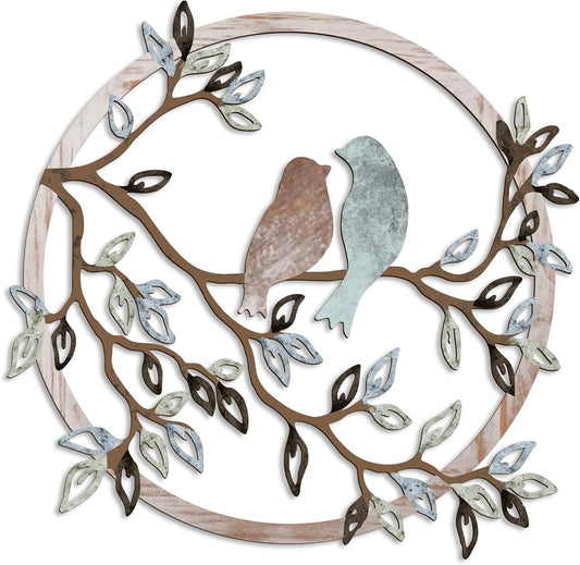 Rustic Round Metal Wall Art with Birds on Branch – 11.8in Iron Hanging Wall Decor for Home