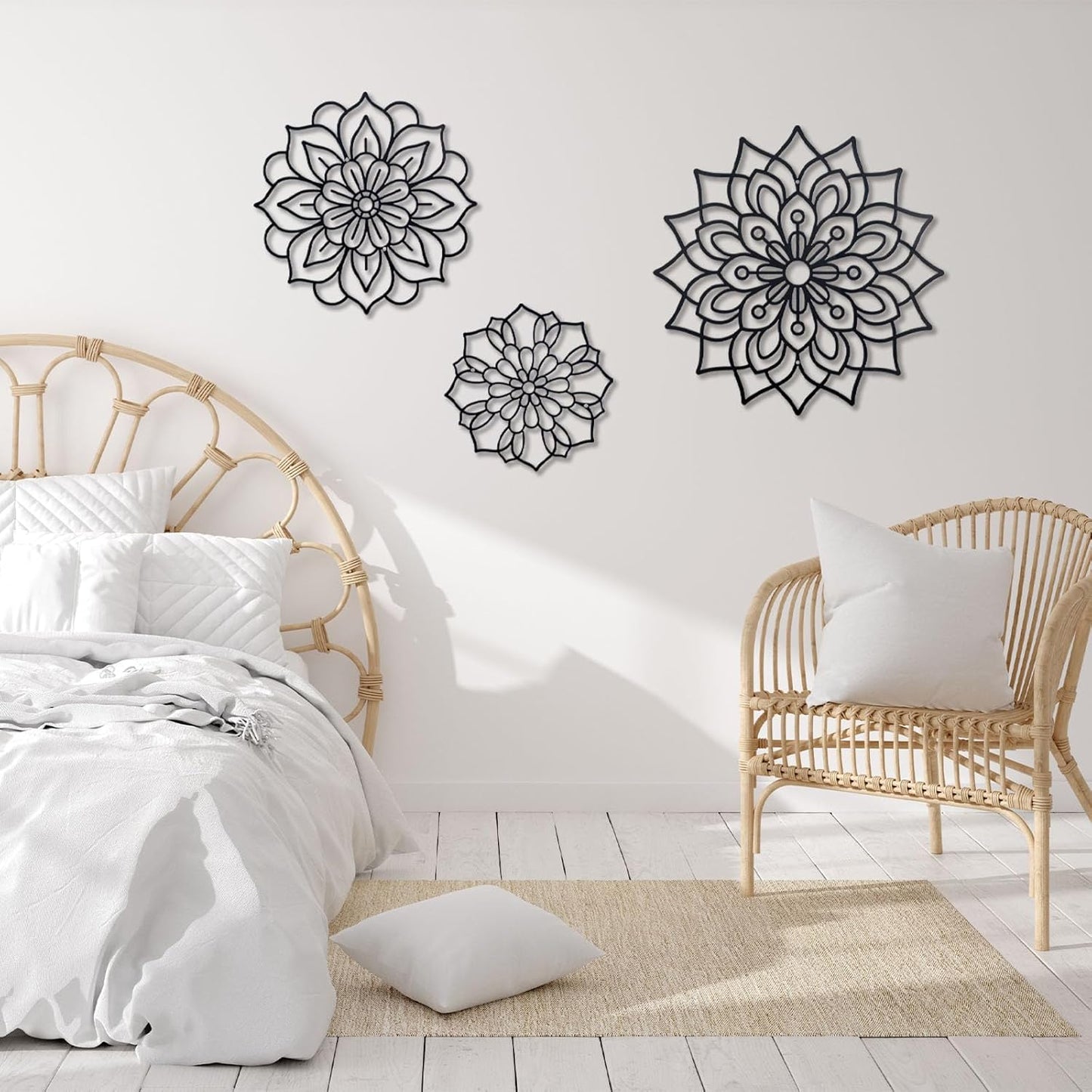 Mandala Metal Wall Art Decor Set of 3 – Black Hollowed Geometric Circle Wall Hangings with Mounting Screws, Ideal for Living Room, Bedroom, Yoga Space