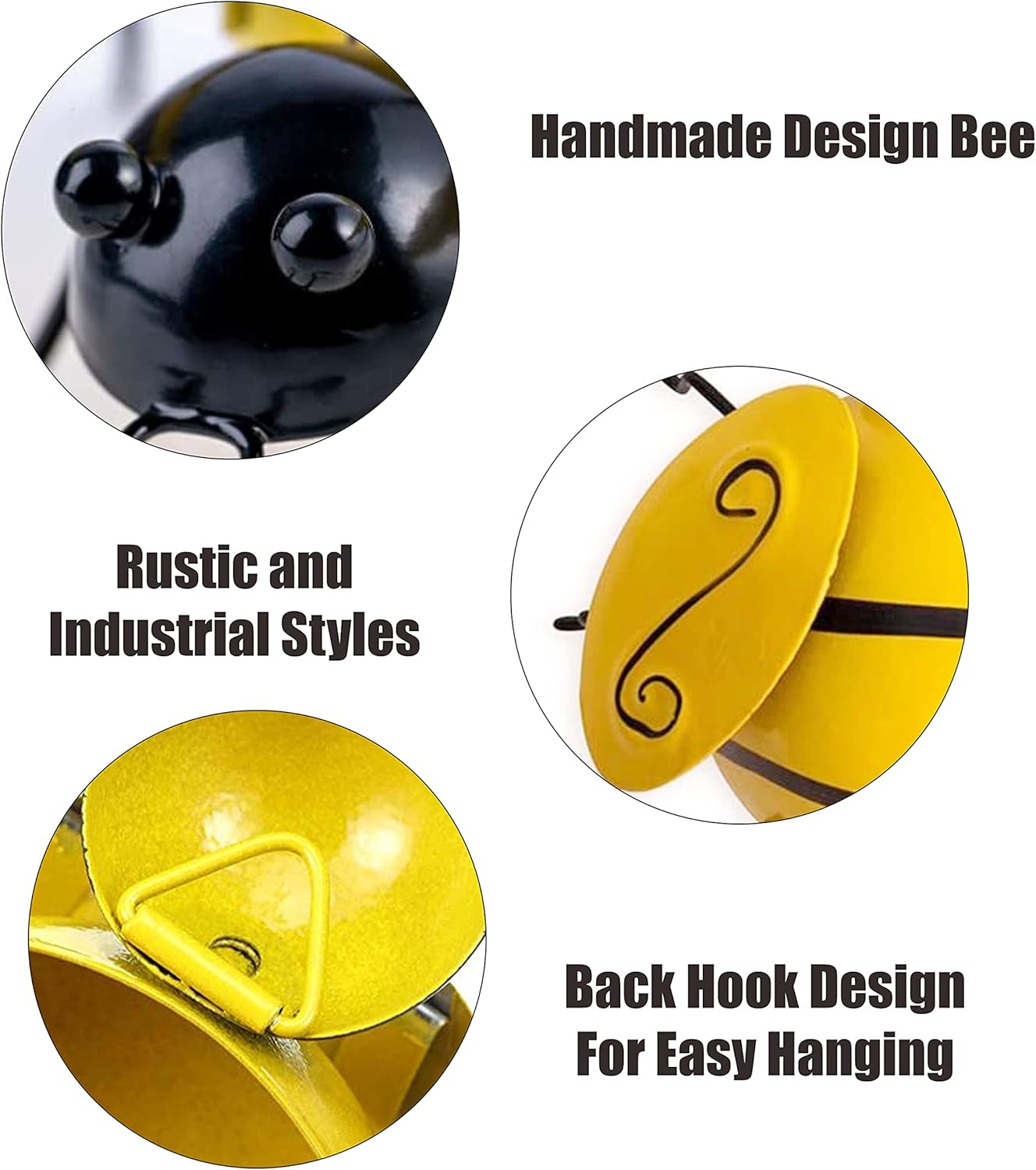 Set of 4 3D Metal Bee Wall Decorations – Handcrafted Iron Garden Wall Art (Yellow)