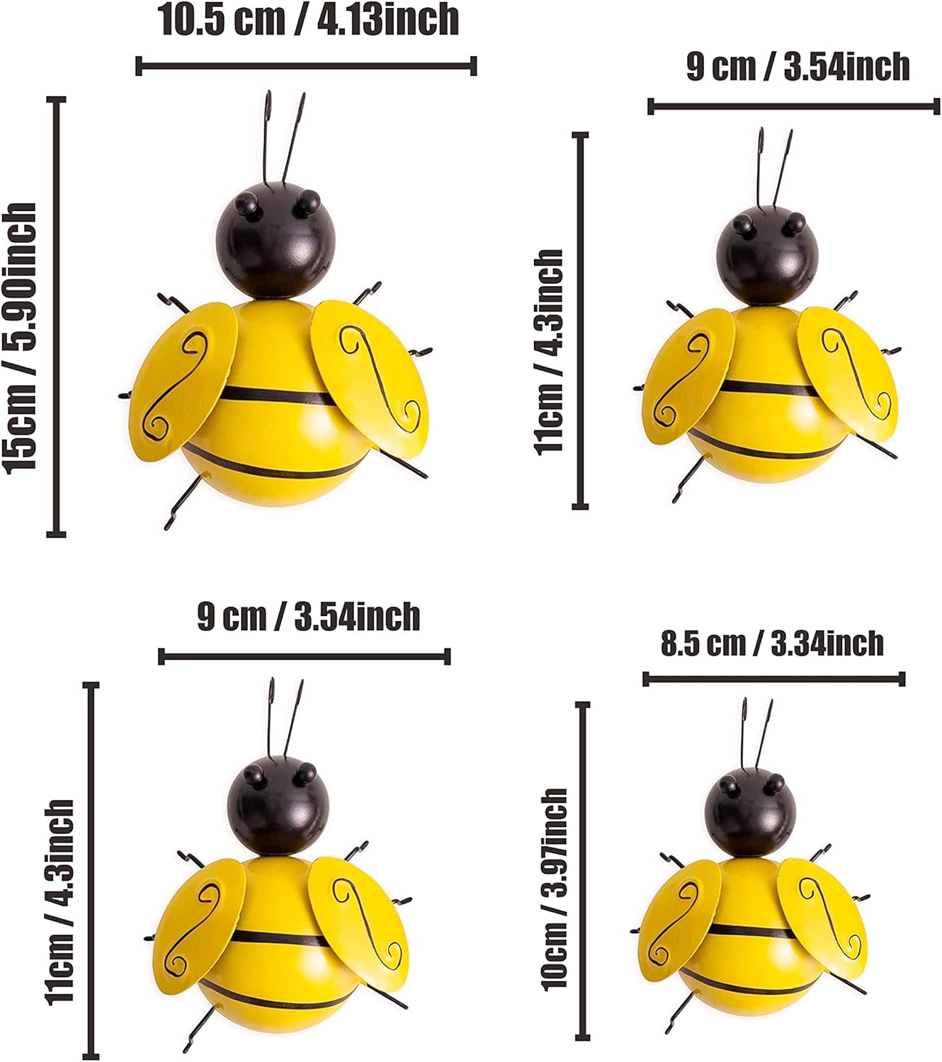 Set of 4 3D Metal Bee Wall Decorations – Handcrafted Iron Garden Wall Art (Yellow)
