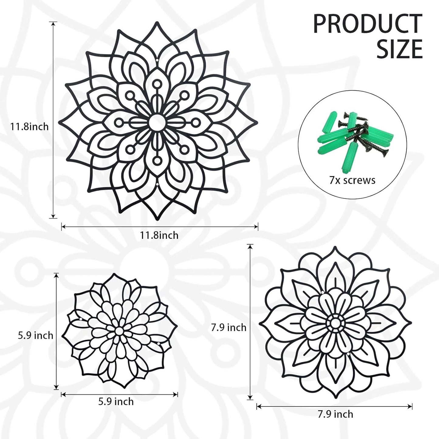 Mandala Metal Wall Art Decor Set of 3 – Black Hollowed Geometric Circle Wall Hangings with Mounting Screws, Ideal for Living Room, Bedroom, Yoga Space