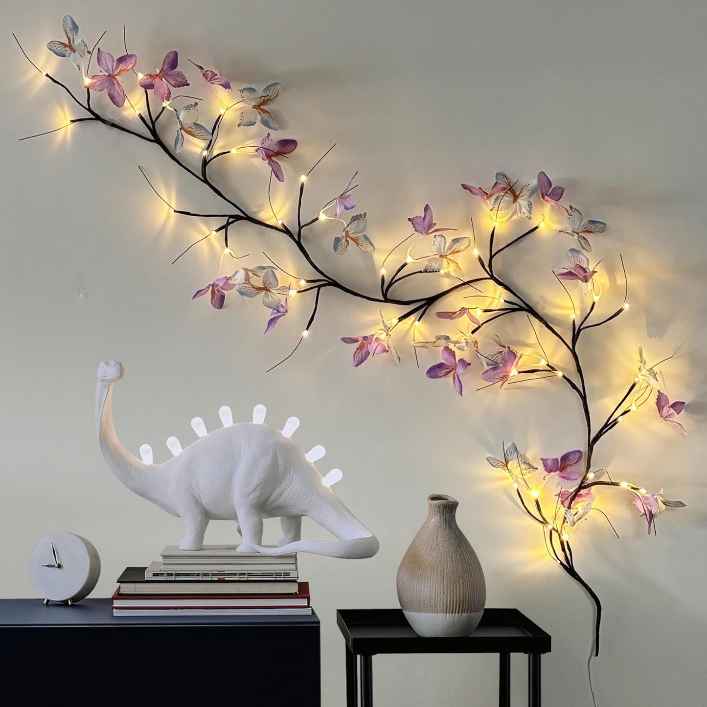 71" USB LED Sakura Vine Wall Hanging Light with Purple Butterfly Decorations