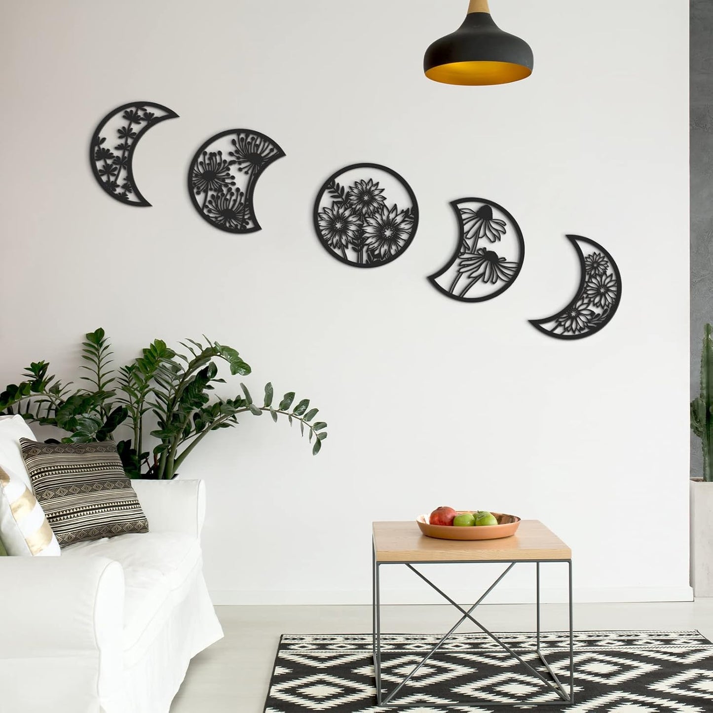 5PCS Moon Phase Wooden Wall Decor with Floral Hollow Design – Boho Black Moon Wall Art (0.2in Thickness)