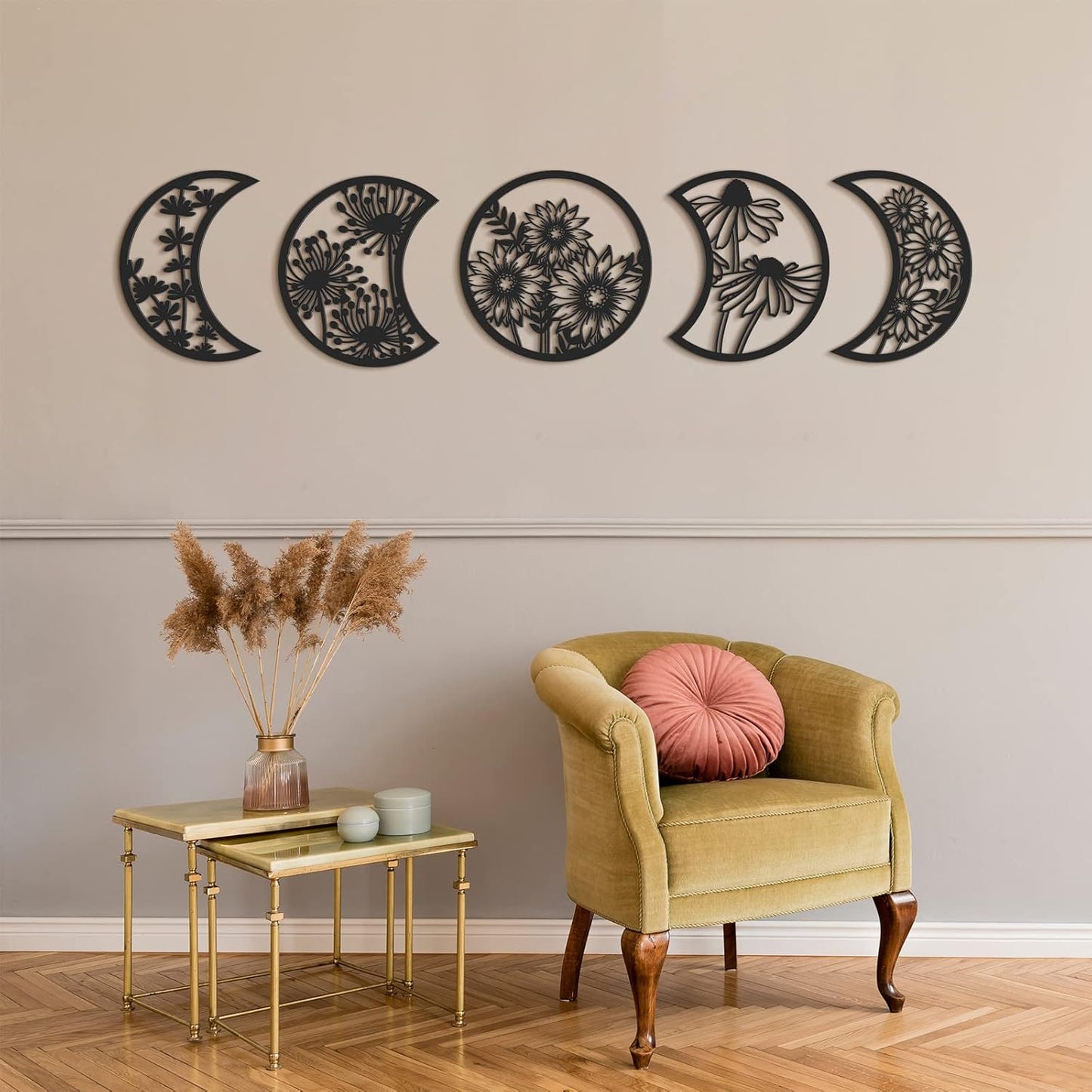 5PCS Moon Phase Wooden Wall Decor with Floral Hollow Design – Boho Black Moon Wall Art (0.2in Thickness)