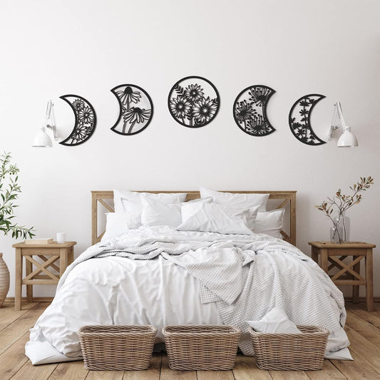 5PCS Moon Phase Wooden Wall Decor with Floral Hollow Design – Boho Black Moon Wall Art (0.2in Thickness)