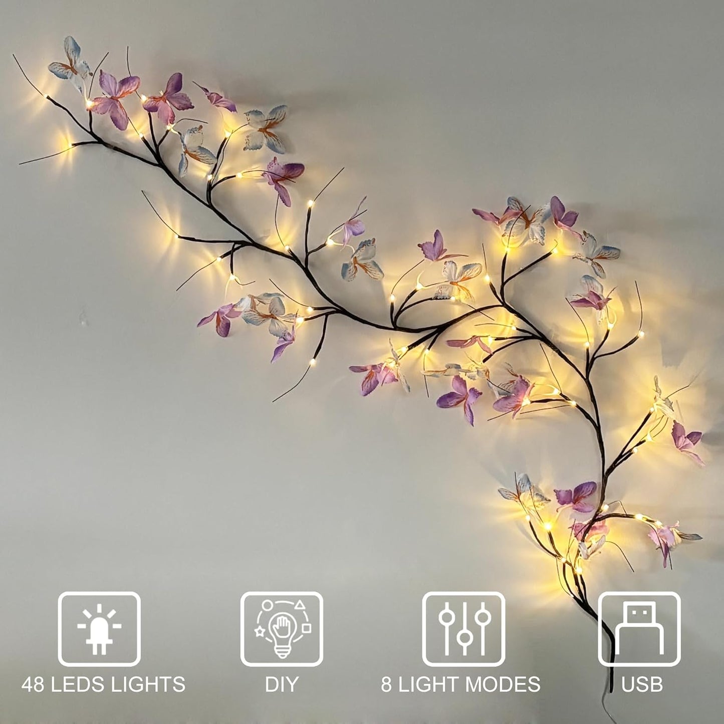 71" USB LED Sakura Vine Wall Hanging Light with Purple Butterfly Decorations