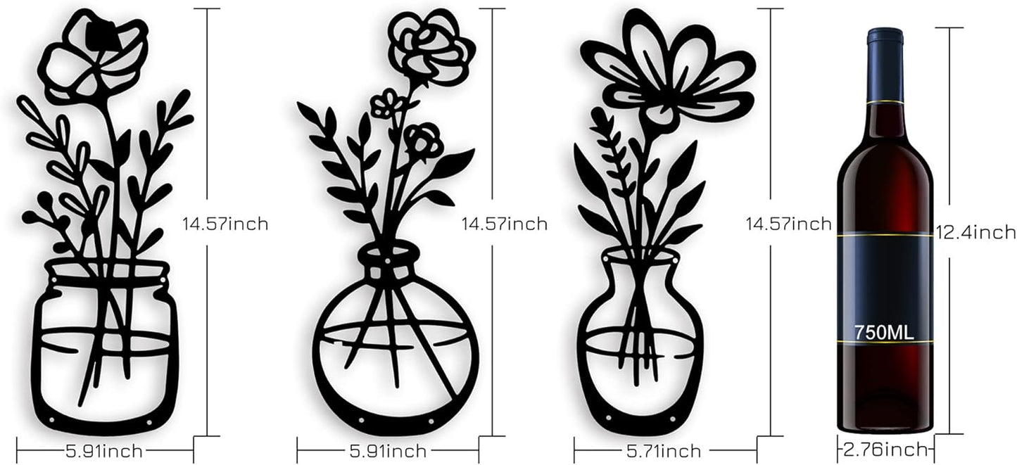 Set of 4 Black Metal Vase Silhouette Wall Art – Modern Minimalist Floral Wall Decor for Living Room, Bedroom, Entryway