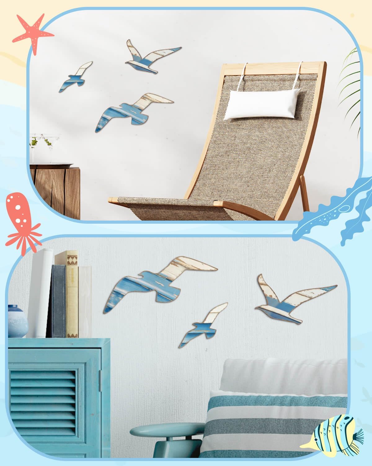 Mediterranean Style Wooden Seagull Wall Decor – 3-Piece Blue and White Rustic Wall Art Set with Adhesive Stickers for Coastal Living Room, Bedroom, Balcony