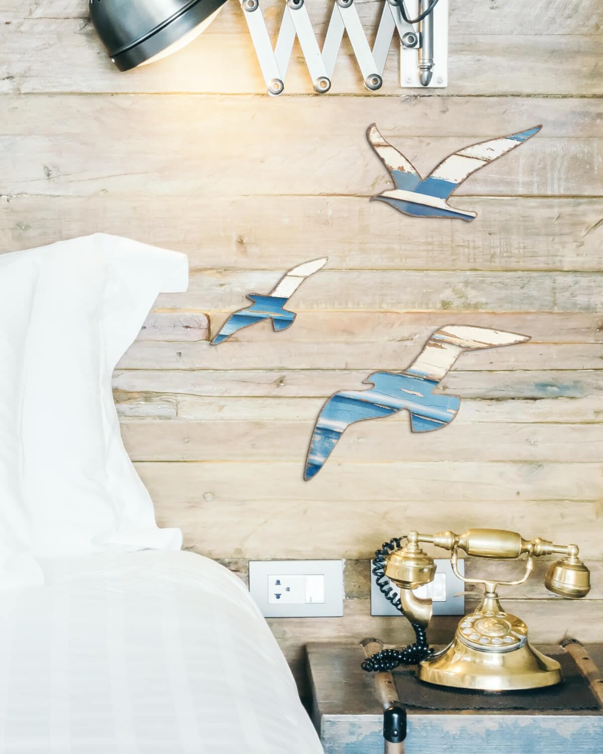 Mediterranean Style Wooden Seagull Wall Decor – 3-Piece Blue and White Rustic Wall Art Set with Adhesive Stickers for Coastal Living Room, Bedroom, Balcony