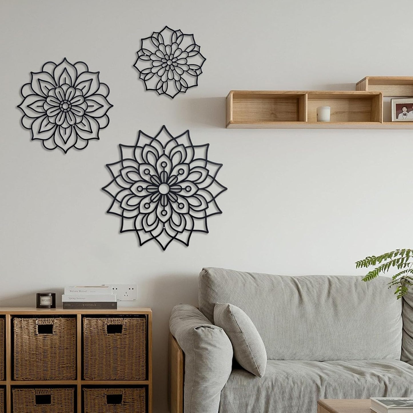 Mandala Metal Wall Art Decor Set of 3 – Black Hollowed Geometric Circle Wall Hangings with Mounting Screws, Ideal for Living Room, Bedroom, Yoga Space