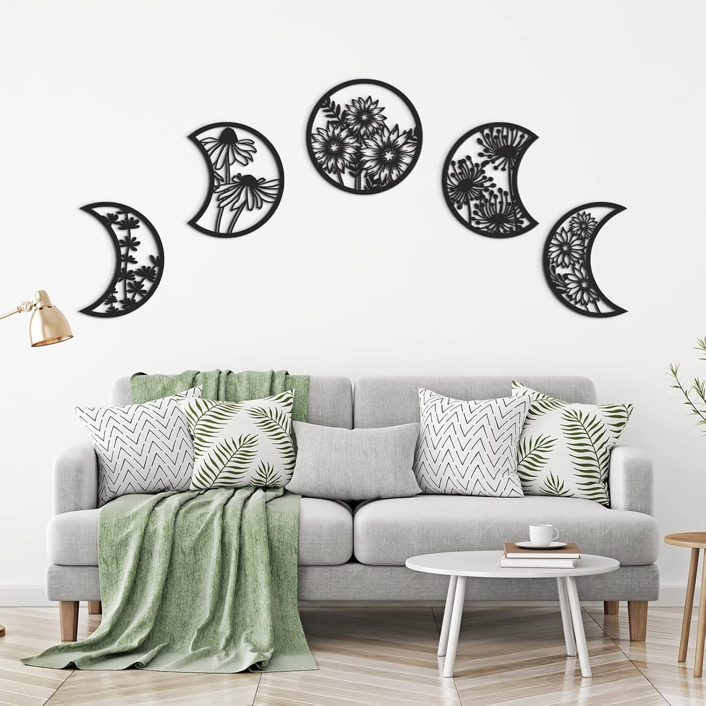 5PCS Moon Phase Wooden Wall Decor with Floral Hollow Design – Boho Black Moon Wall Art (0.2in Thickness)