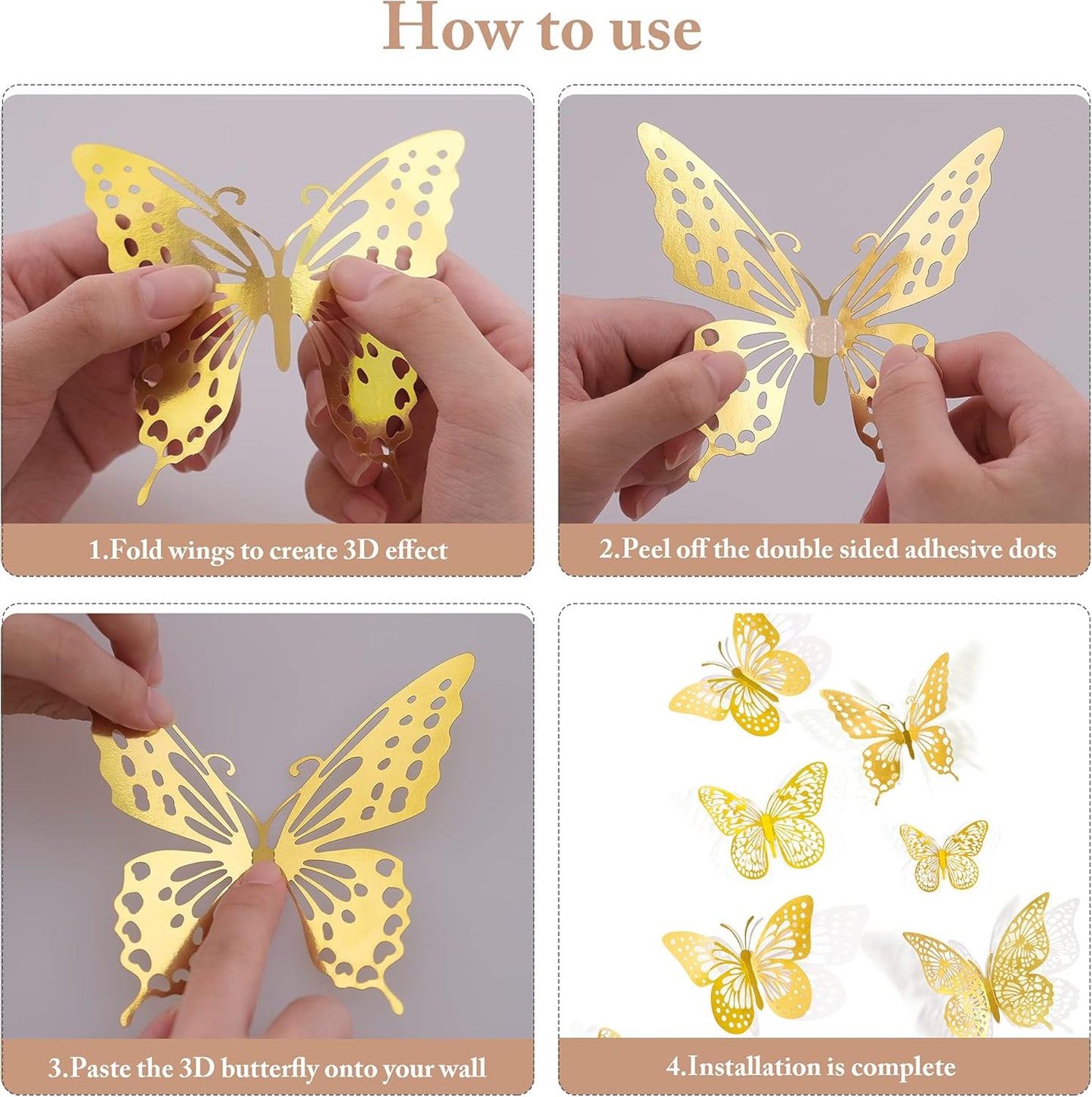 48PCS 3D Gold Butterfly Wall Decals – Removable Metallic Wall Stickers for Home, Wedding & Party Decoration