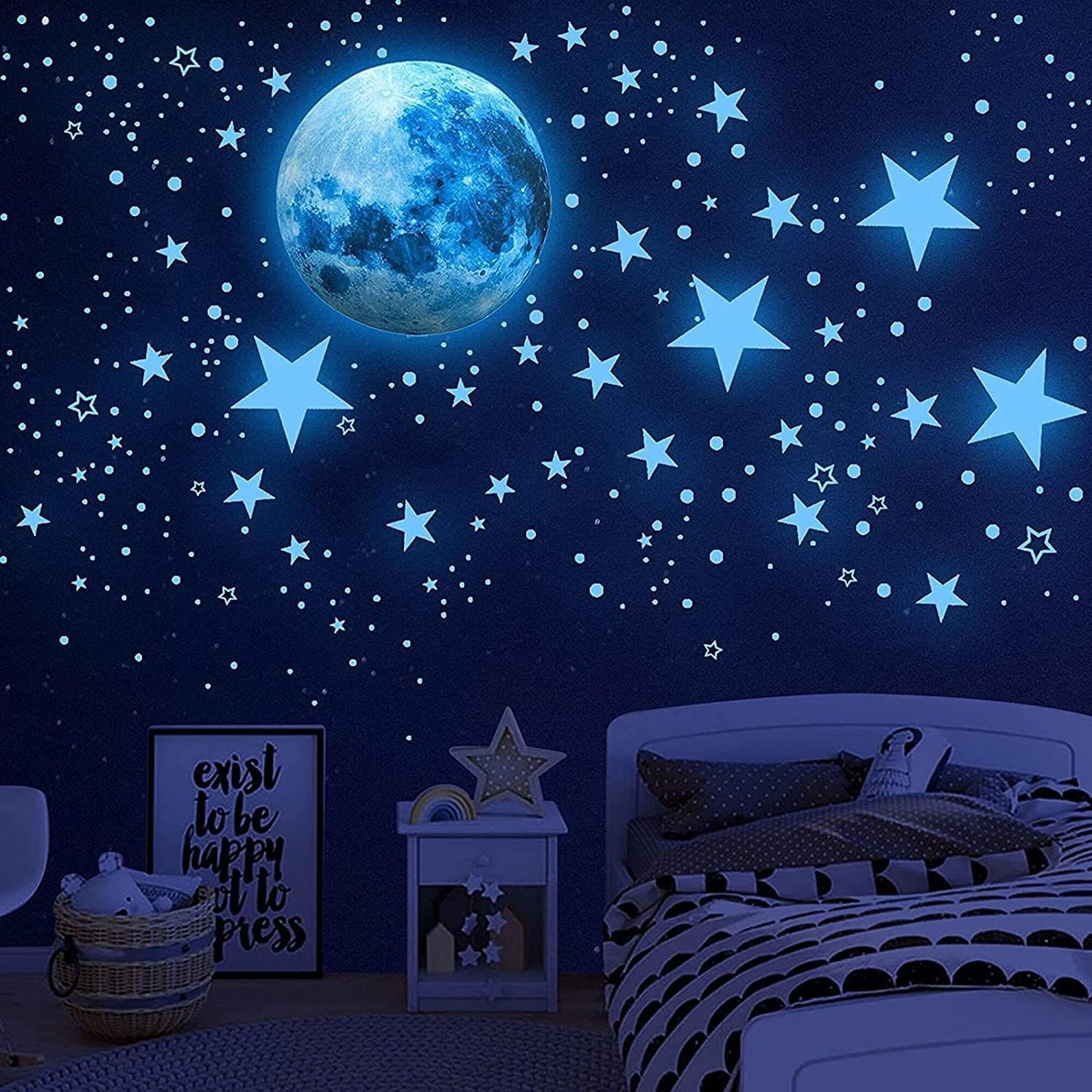 Glow in the Dark Stars & Moon Wall Decals Set – Realistic Luminous Night Sky Stickers for Kids Bedroom, Nursery, Ceiling Décor – Eco-Friendly PVC Material