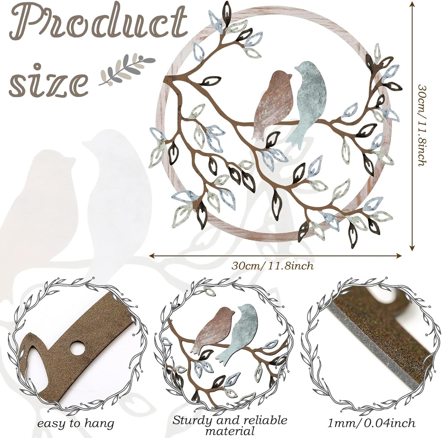 Rustic Round Metal Wall Art with Birds on Branch – 11.8in Iron Hanging Wall Decor for Home