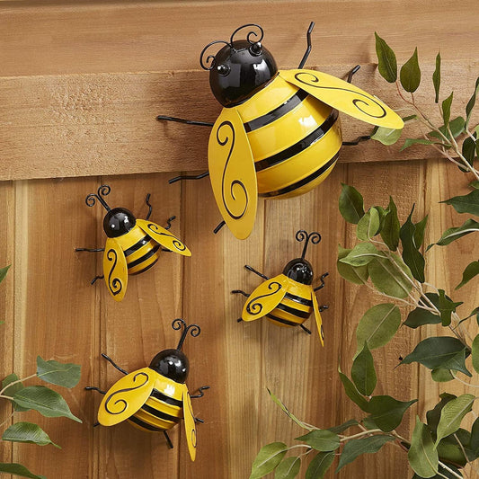 Set of 4 3D Metal Bee Wall Decorations – Handcrafted Iron Garden Wall Art (Yellow)