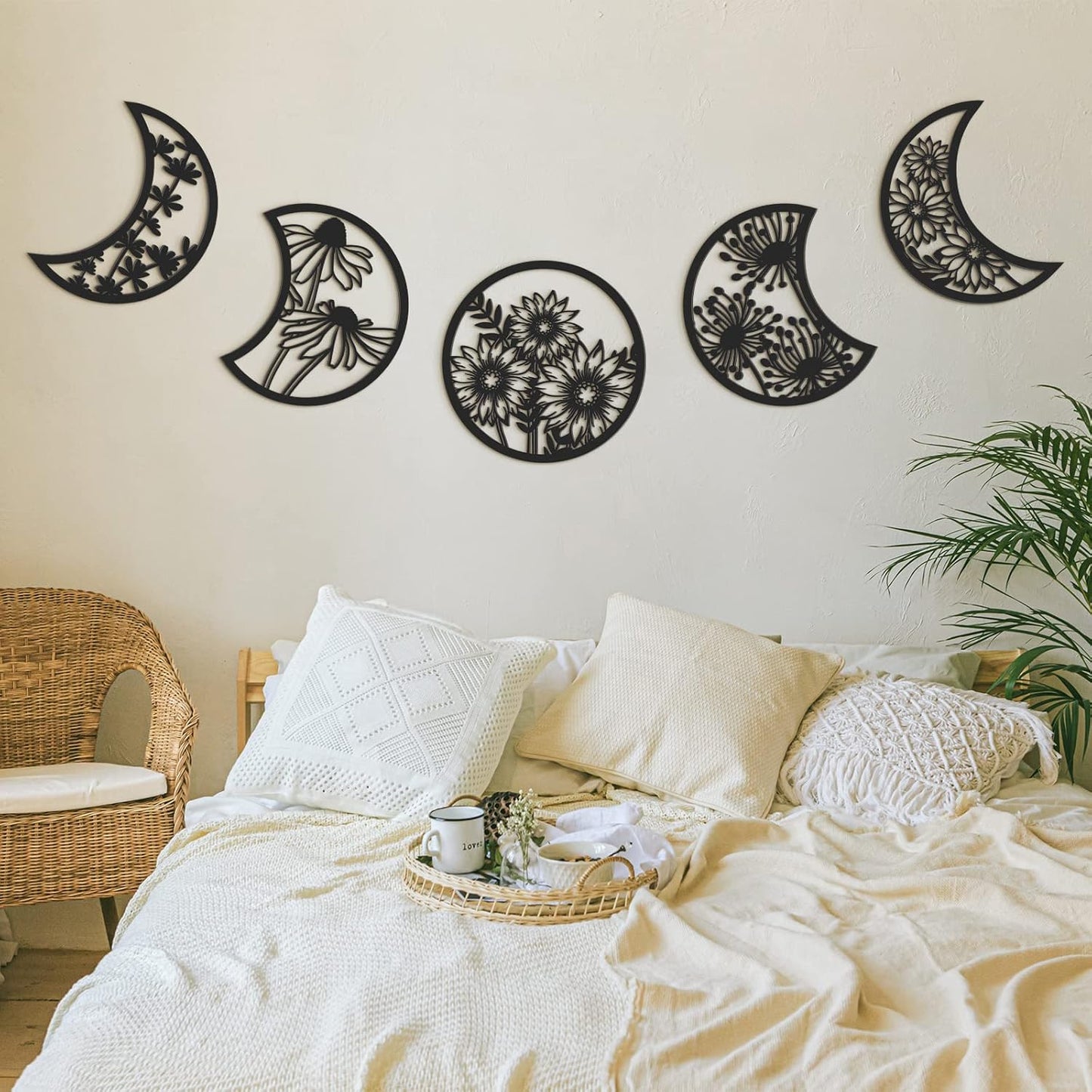 5PCS Moon Phase Wooden Wall Decor with Floral Hollow Design – Boho Black Moon Wall Art (0.2in Thickness)