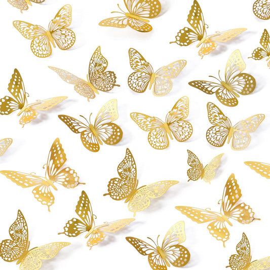 48PCS 3D Gold Butterfly Wall Decals – Removable Metallic Wall Stickers for Home, Wedding & Party Decoration