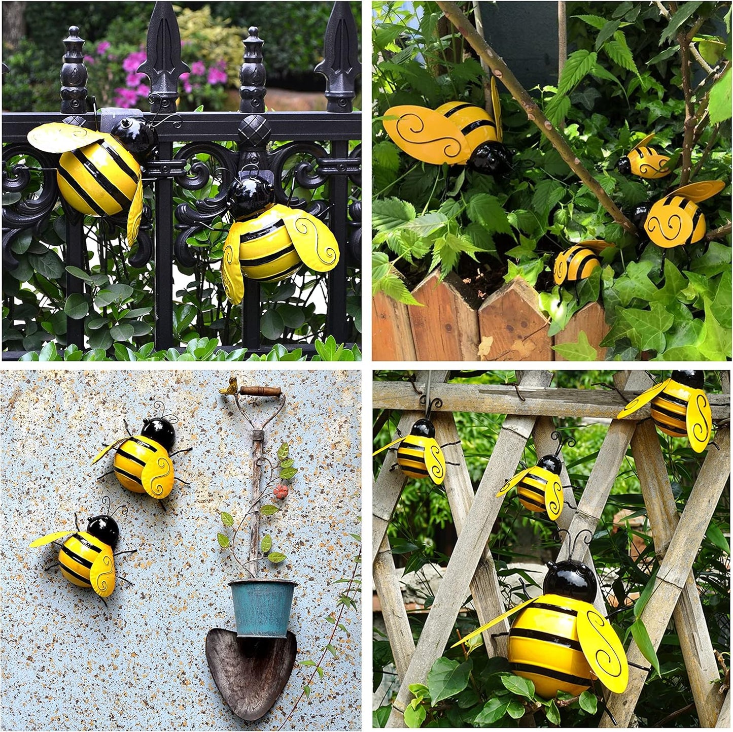 Set of 4 3D Metal Bee Wall Decorations – Handcrafted Iron Garden Wall Art (Yellow)